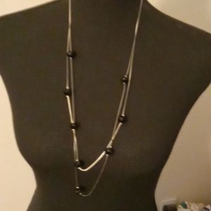 Faceted Black Beads with Layered Silver Chain Necklace